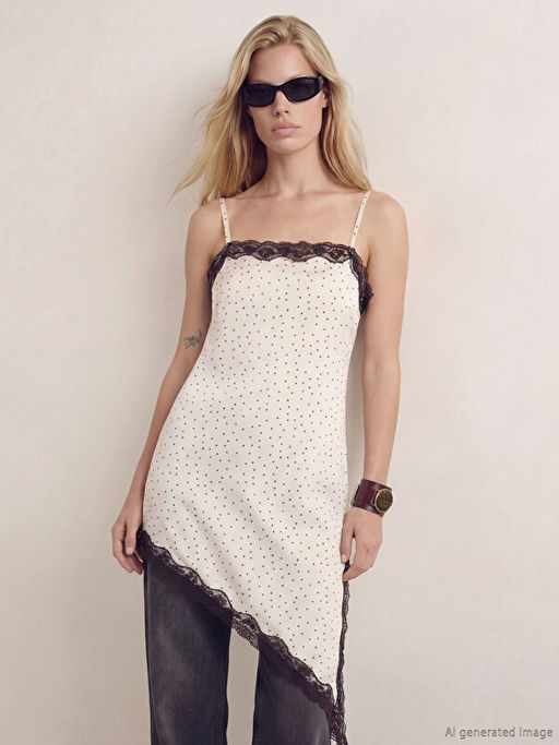 Kare Yaka Dantel Detayl? Puantiyeli Bluz