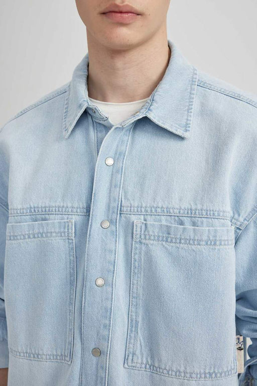 Джинсовая рубашка оверсайз с длинными рукавами - Defacto фото 5