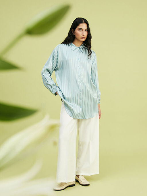 ?izgili Oversize Saten Kad?n G?mlek Tunik