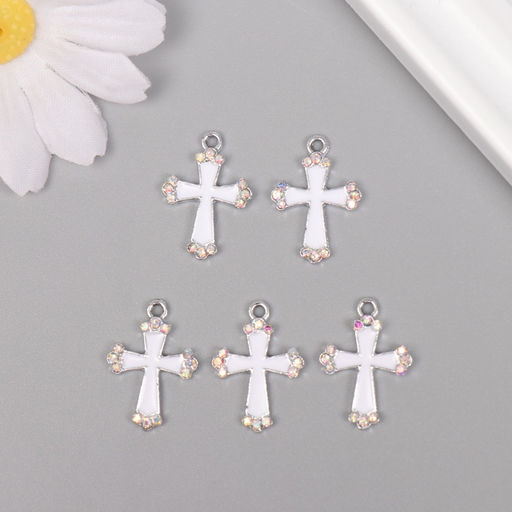 Цена за 5 шт. Декор для творчества металл, стразы Крест, серебро, белый, 2.21.50.3 см - Арт узор фото 3