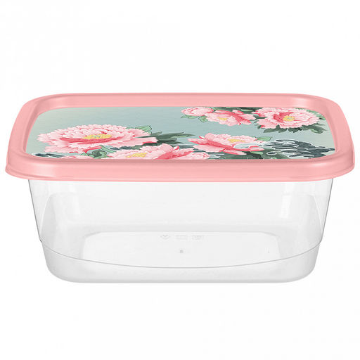 Контейнер для продуктов пластмассовый 1,5л, 19,7х15,1х8см, прямоугольный, с декором "Сад пионов", розовый (Россия)