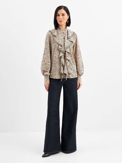 Блузка с отлетными рюшами OD-914-5 бежевый с черным