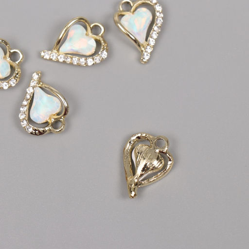 Цена за 5 шт. Декор для творчества металл, стразы «Изогнутое сердце», золото, белый, 1.8×1.3×0.5 см