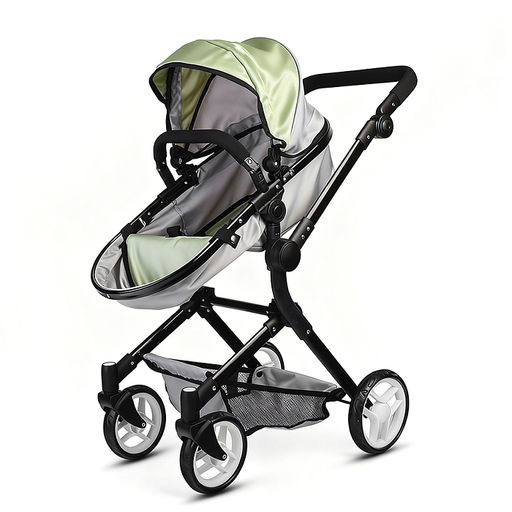 Коляская кукольная металлическая, прогулочная, с корзиной, серо-зеленая