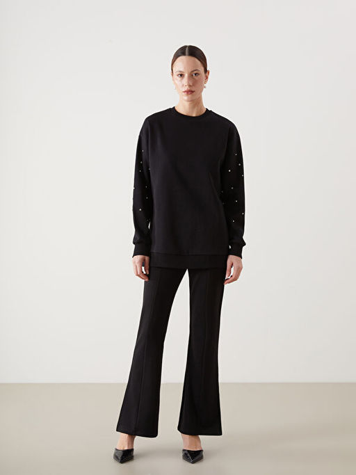 Bisiklet Yaka Parlak Ta?l? Kad?n Kal?n Sweatshirt Tunik