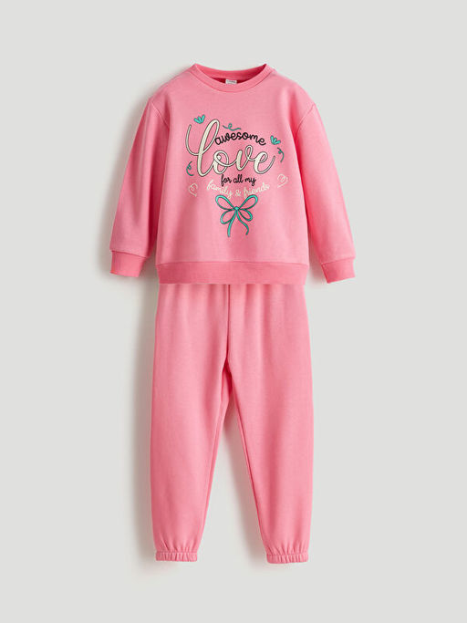 Bask?l? K?z ?ocuk Kal?n Sweatshirt ve E?ofman Alt 2li