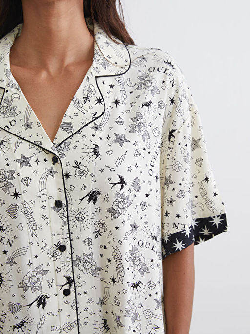 G?mlek Yaka Bask?l? Kad?n Pijama Tak?m