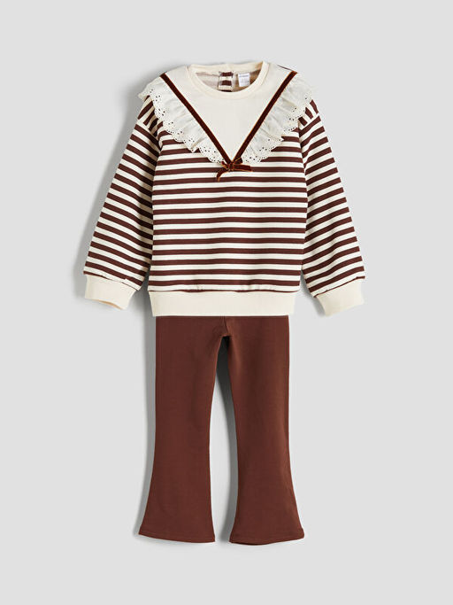 Bebe Yaka ?izgili K?z ?ocuk Sweatshirt ve Tayt 2li