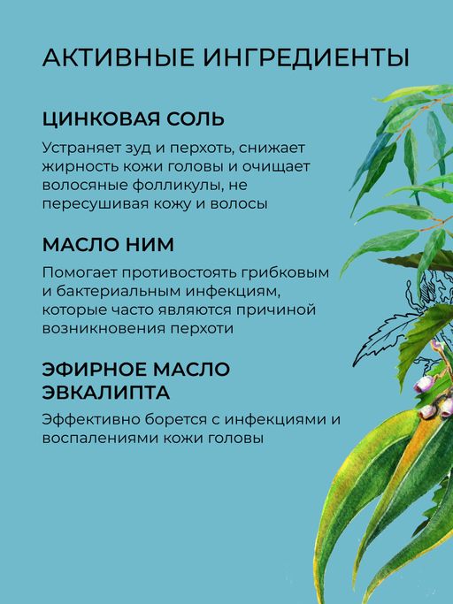 Шампунь "Против перхоти и выпадения волос" с цинком и маслом ним SIBERINA