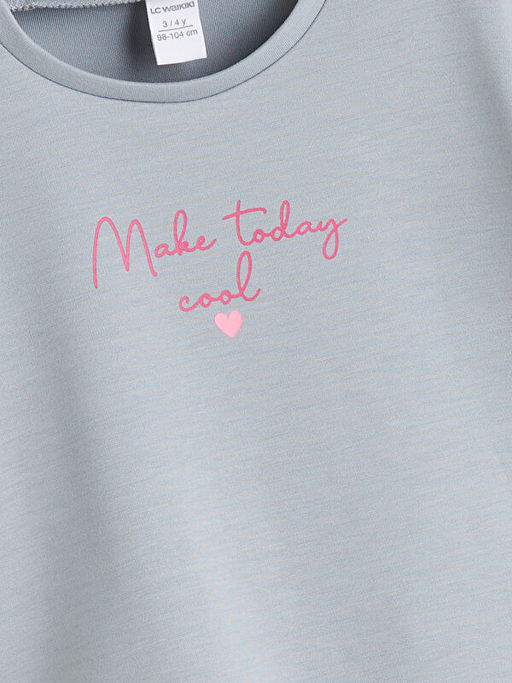 Bisiklet Yaka Bask?l? K?z ?ocuk Ti??rt ve Pantolon 2li