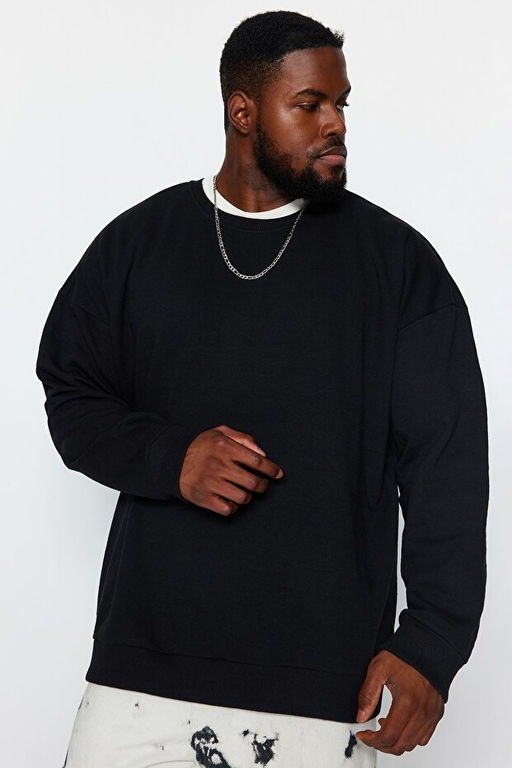 Siyah B_y_k Beden Bisiklet Yaka Oversize/Geni_ Kesim S_rt Bask_ __i Polar Sweatshirt TMNAW24AO00004 - Trendyolmilla фото 2