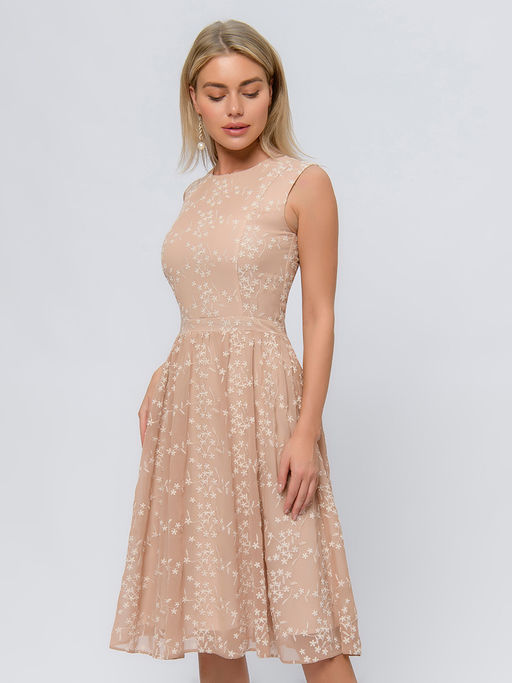 Платье бежевое с принтом длины миди - 1001dress фото 6