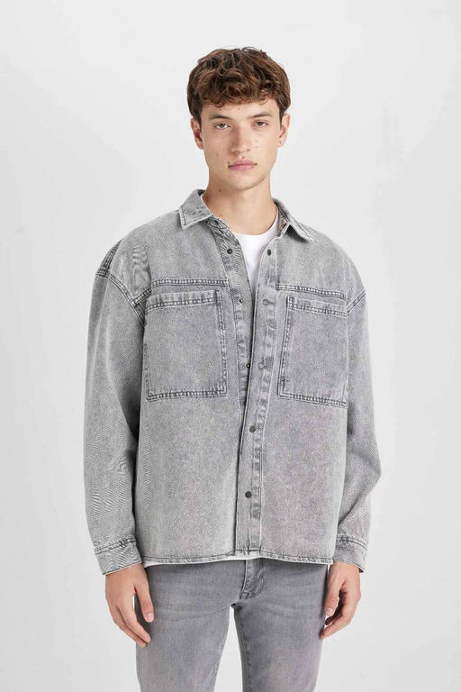 Джинсовая рубашка оверсайз с длинными рукавами - Defacto фото 6