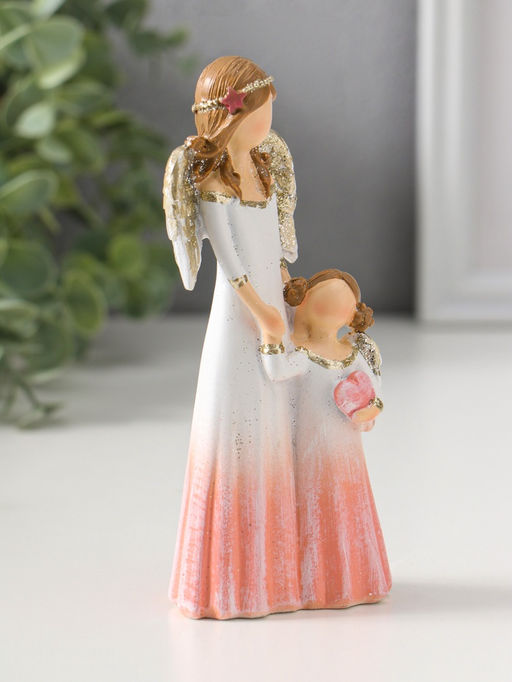 Сувенир полистоун "Девушка-ангел в светло-розовом платье и малышка с сердцем" 14,5 см