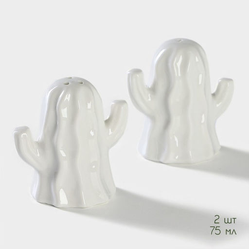 Набор для специй BellaTenero Кактусы, солонка 75 мл, перечница 75 мл, на бамбуковой подставке, фарфор, белый  фото 3