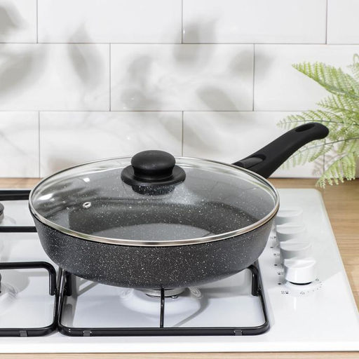 Сковорода Доляна «Элит», d=28 см, пластиковая ручка, стеклянная крышка, антипригарное покрытие, цвет чёрный