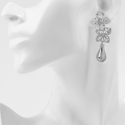 Серьги металл Стиль цветок с каплей, цвет серебро - Qf фото 3