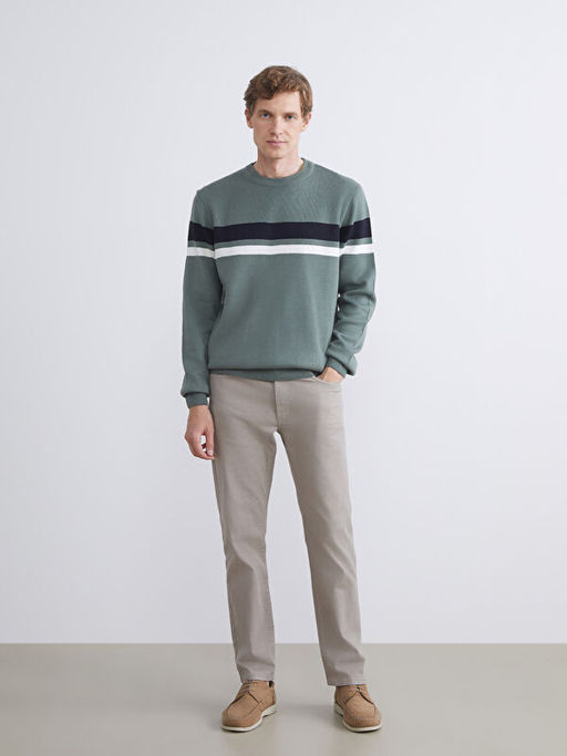 Bisiklet Yaka Uzun Kollu ?izgili Erkek Triko Kazak