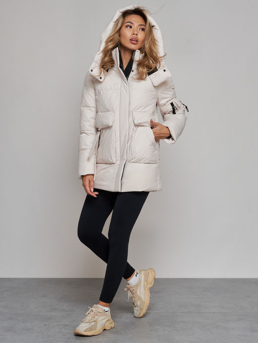 Зимняя женская куртка модная с капюшоном бежевого цвета 589827B - RoccaManer фото 11