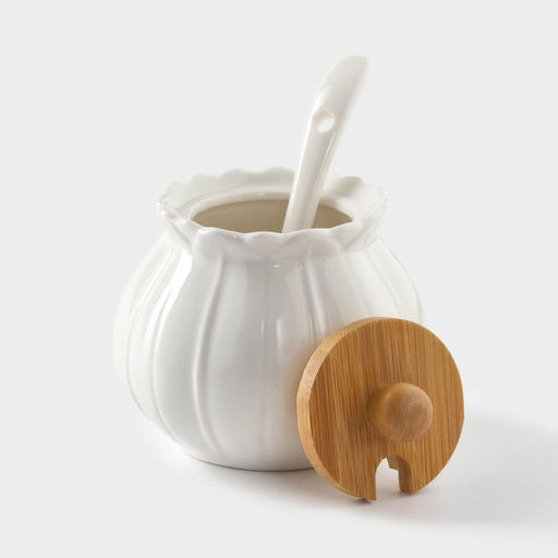 Набор фарфоровый сервировочный BellaTenero Тюльпан, 4 предмета: молочник 200 мл, сахарница с крышкой 170 мл, бамбуковая подставка, ложка, белая фото 5