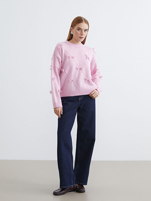 Bisiklet Yaka Fiyonklu Kad?n Triko Kazak