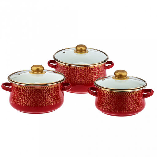 Набор эмалированных кастрюль "Ажурный" 3 предмета: 2л, 3л, 4л, цилиндрическая форма, стекляннеая крышка с пластмассовой ручкой, ободок из нержавеющей стали, бордовый (Россия)