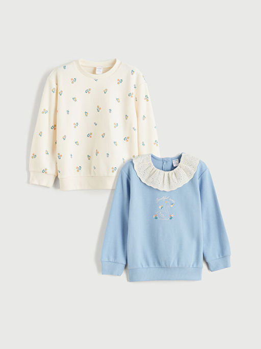 Bisiklet Yaka ?i?ekli K?z ?ocuk Sweatshirt 2li