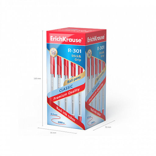 Цена за 50 шт. Ручка шариковая ErichKrause R-301 Stick&Grip Classic 1.0, цвет чернил красный (в коробке по 50 шт.)
