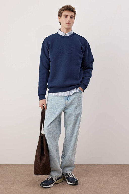 Lacivert Oversize/Geni_ Kesim Yaz_ Nak__l_ Kal_n __i Polar Sweatshirt TMNAW25SW00091 - Trendyolmilla фото 2