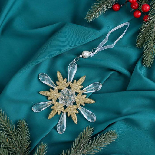 Цена за 2 шт. Ёлочная игрушка Зимнее волшебство. Снежинки лучистые, 1414 см, прозрачно-золотой, МИКС  фото 2