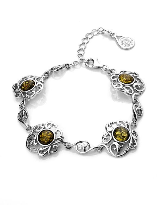 Серебряный браслет с натуральным янтарём зелёного цвета Кордова