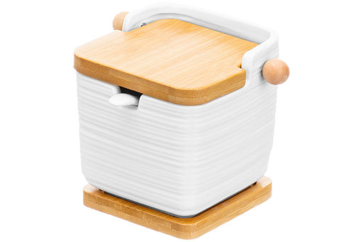 Банка д/сыпучих продуктов 300 мл 12*9*9,5 см "Шелк"+ложка+откид.бамб.крыш.+дер.подст