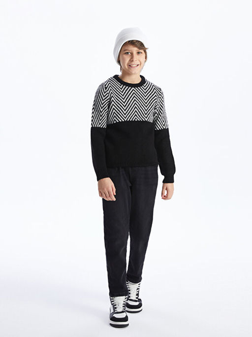 Bisiklet Yaka Desenli Uzun Kollu Erkek ?ocuk Triko Kazak