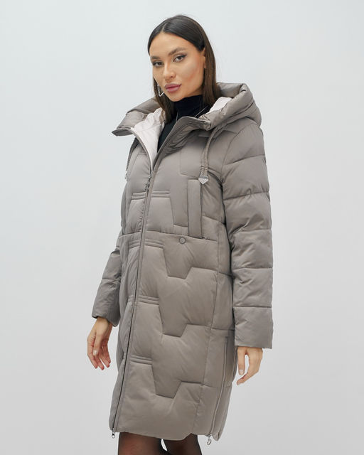 Пальто зимнее утепленное с капюшоном женское серого цвета 7638Sr - Visdeer фото 9
