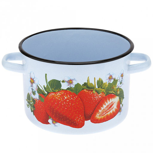 "Клубника садовая" Набор эмалированных кастрюль 3 предмета: 1,5л, д16см, h10см, 2,9л, д20см, h13см, 4,5л, д22см, h14см, цилиндрическая форма, металлическая крышка, серо-голубой (Россия)