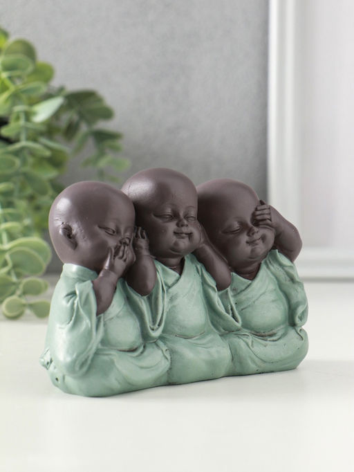 Сувенир полистоун "Маленькие будды - не слышу, не вижу, не скажу" зелёный 4,6х12,5х8 см