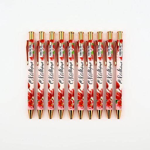 Цена за 10 шт. Ручка шариковая, синяя паста, пластиковый корпус С 8 марта тюльпаны