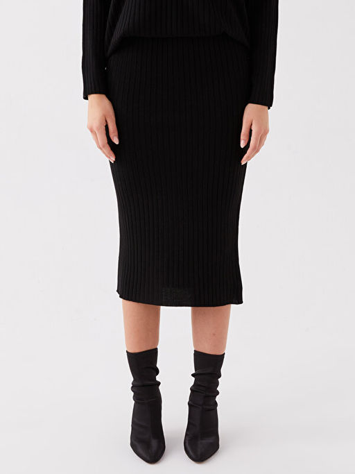 Kad?n Beli Lastikli D?z Triko Etek