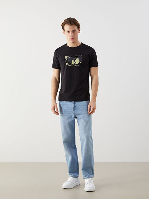 Bisiklet Yaka K?sa Kollu Bask?l? Penye Erkek Ti??rt