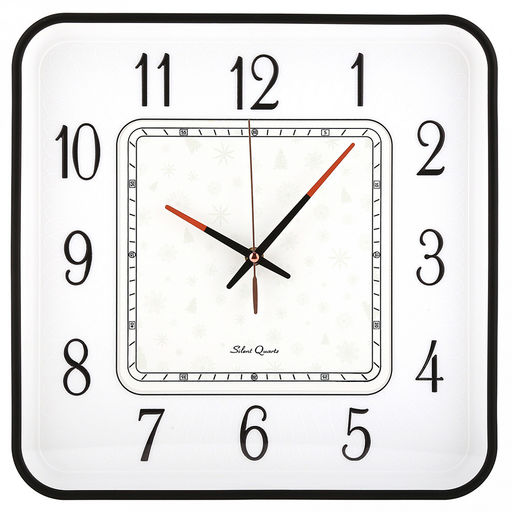 Часы настенные "Снежное время" 35х35х5см, мягкий ход, циферблат "Снежинки" белый/перламутровый; цифры арабские, черный; корпус пластик, черный/белый; в коробке (Китай)