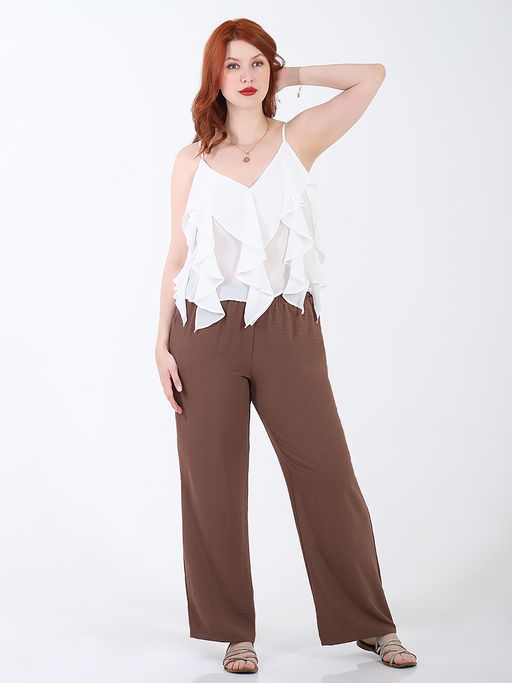 Брюки палаццо из жатки на резинке - Almond фото 34