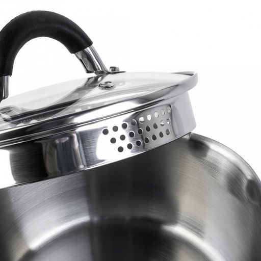 Набор посуды из нержавеющей стали "Телфорд" 3 предмета: кастрюля 3,1л - д20см, h10см, 5л - д24см, h12см, ковш 1,5л - д16см, h8см, s0,6мм, дно s2,8мм, стеклянная жаропрочная крышка, широкий металлический ободок с отверстиями для слива жидкости, пароот