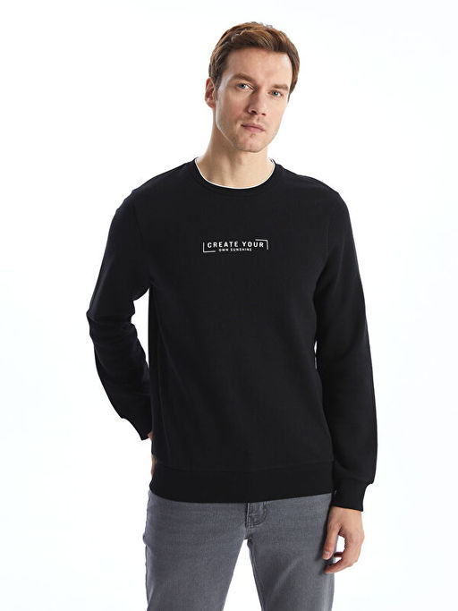 Bisiklet Yaka Bask?l? Erkek Kal?n Sweatshirt