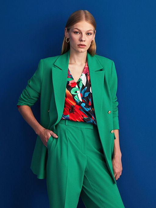 Kruvaze Yaka Desenli Uzun Kollu Saten Kad?n Bluz