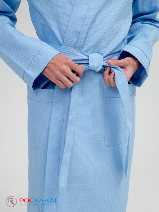 Мужской вафельный халат с планкой голубой В-03 (2)