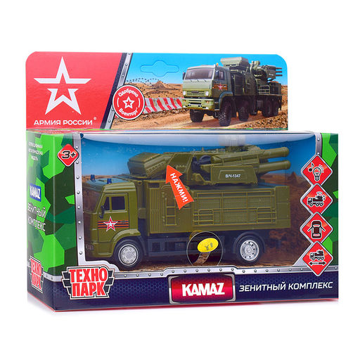 Машина металл Kamaz Армия России 15 см, (двер, подв. дет,свет-звук) инер, в коробке