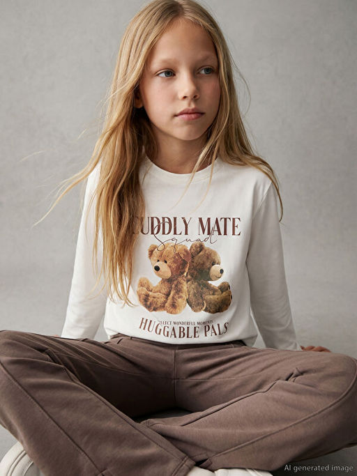 Bisiklet Yaka Bask?l? K?z ?ocuk Ti??rt