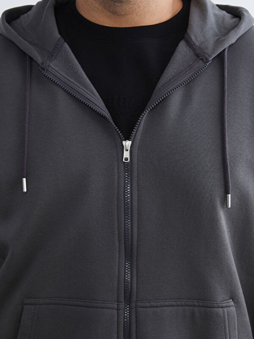 B?y?k Beden Kap??onlu Erkek Kal?n Fermuarl? Sweatshirt