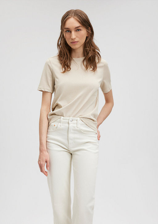 Bisiklet Yaka Bej Basic Tisort - Mavi фото 2