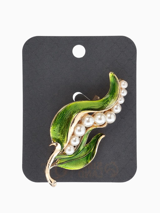 Брошь «Стручок гороха», белый, зелёная в золоте